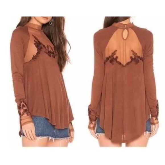 Free People Saheli Brown Long Sleeve Shee Yoke Embroidered Trim Blouse Womens S - Picture 2 of 12